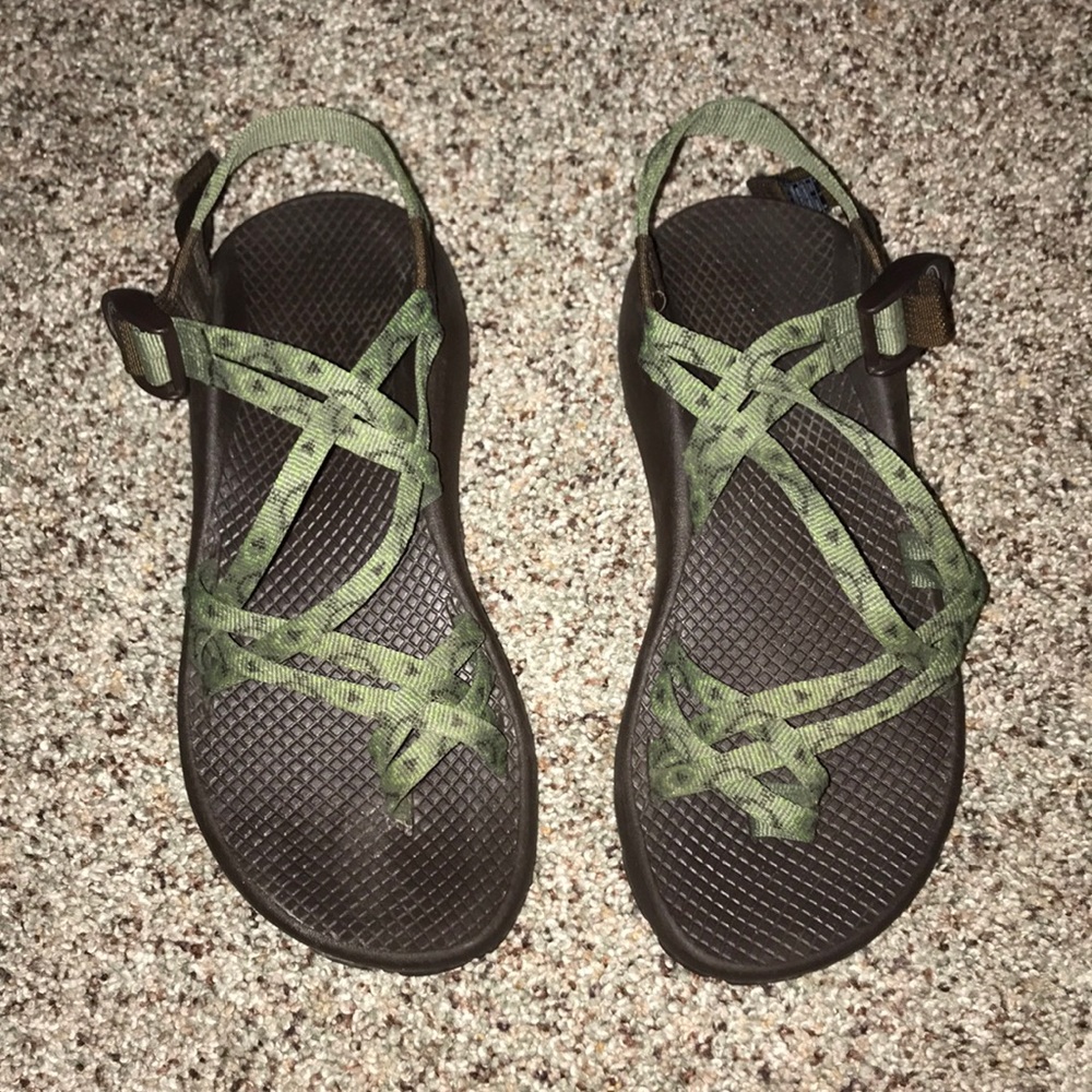 Green and brown chacos